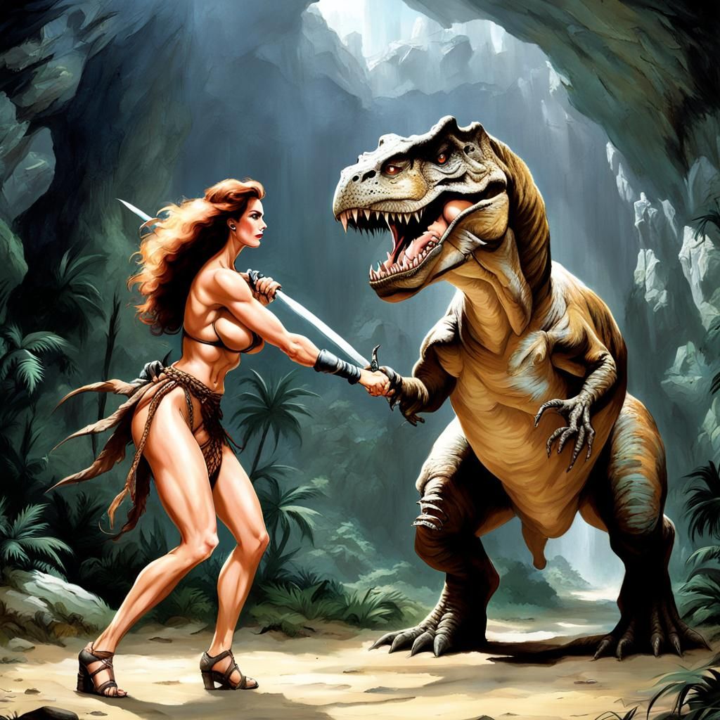 Cavewoman's Fight: Primal Battle Against T-Rex