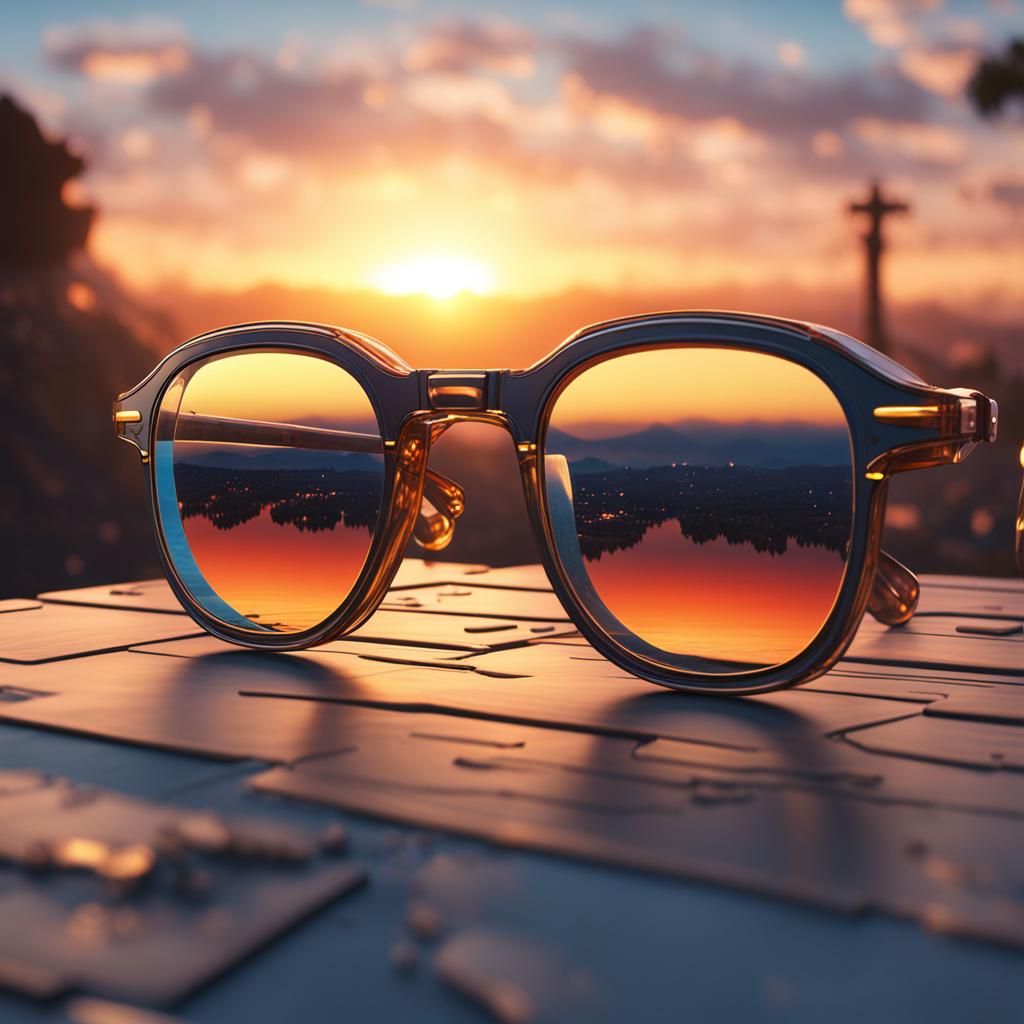 Sunset Sky Reflected in Glasses: 3D Game Cinematic