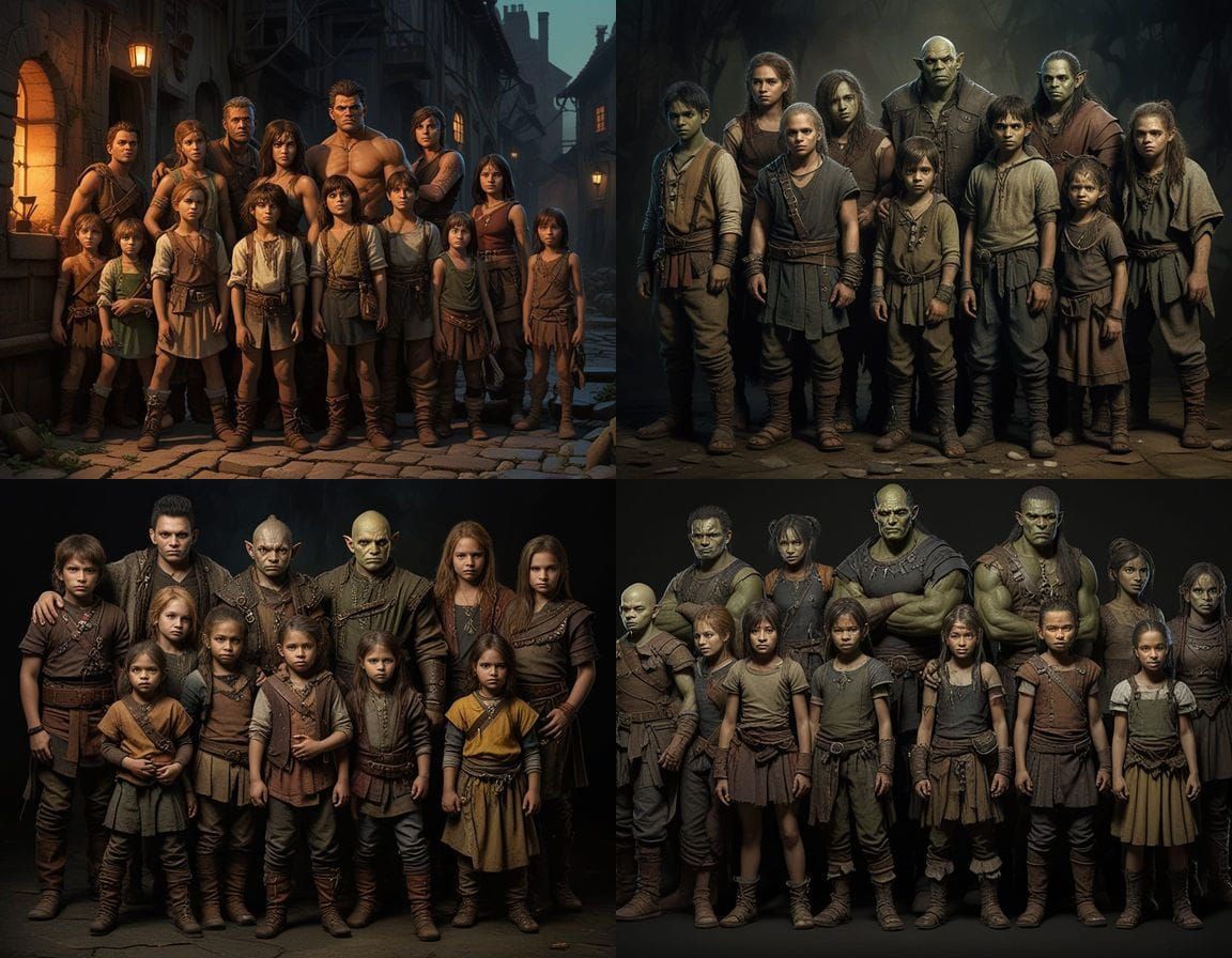 Fantasy Half-Orc Urchin Children on Black Background