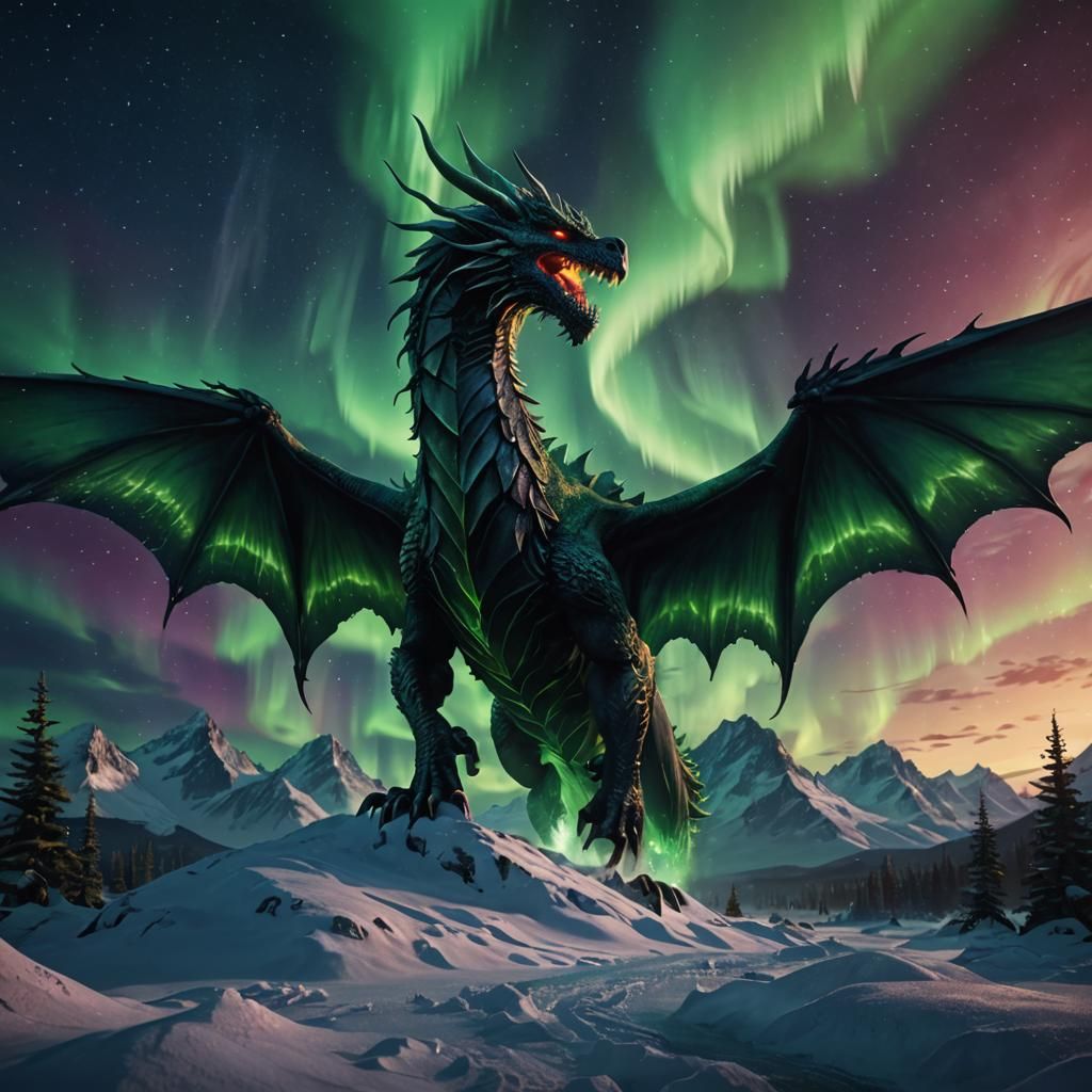 Northern Lights Dragon in Fantasy Night Sky