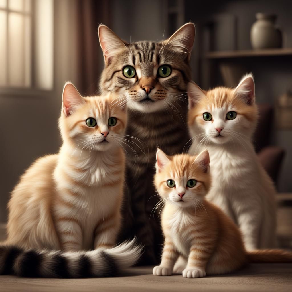 Adorable Cat Family Portrait: Matte Painting