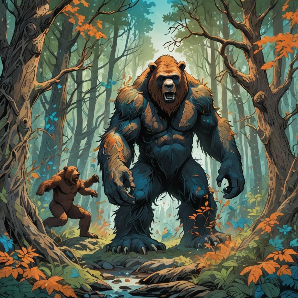 Bigfoot and Bear Battle in Fantasy Forest Art