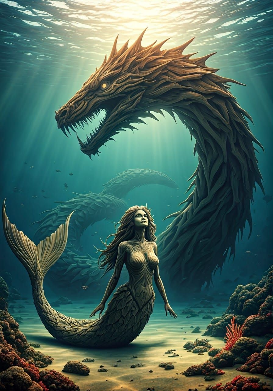 Driftwood Mermaid and Sea Serpent Sculpture