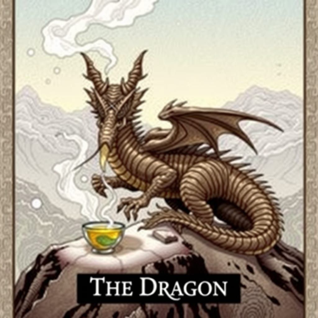 Dragon Tarot Card Sipping Tea on Mountain