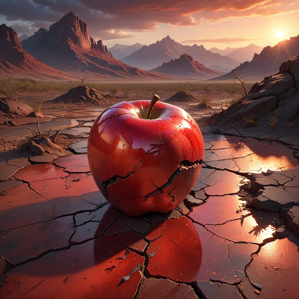 Red Apple on Cracked Desert Floor at Sunset