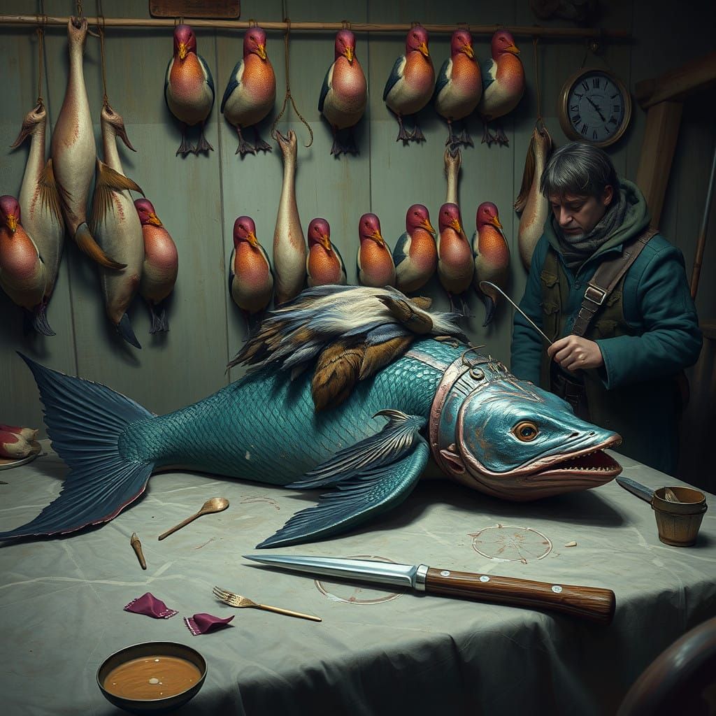 Surreal Fantasy Scene: Mermaid's Feast in a Hunter's Lair