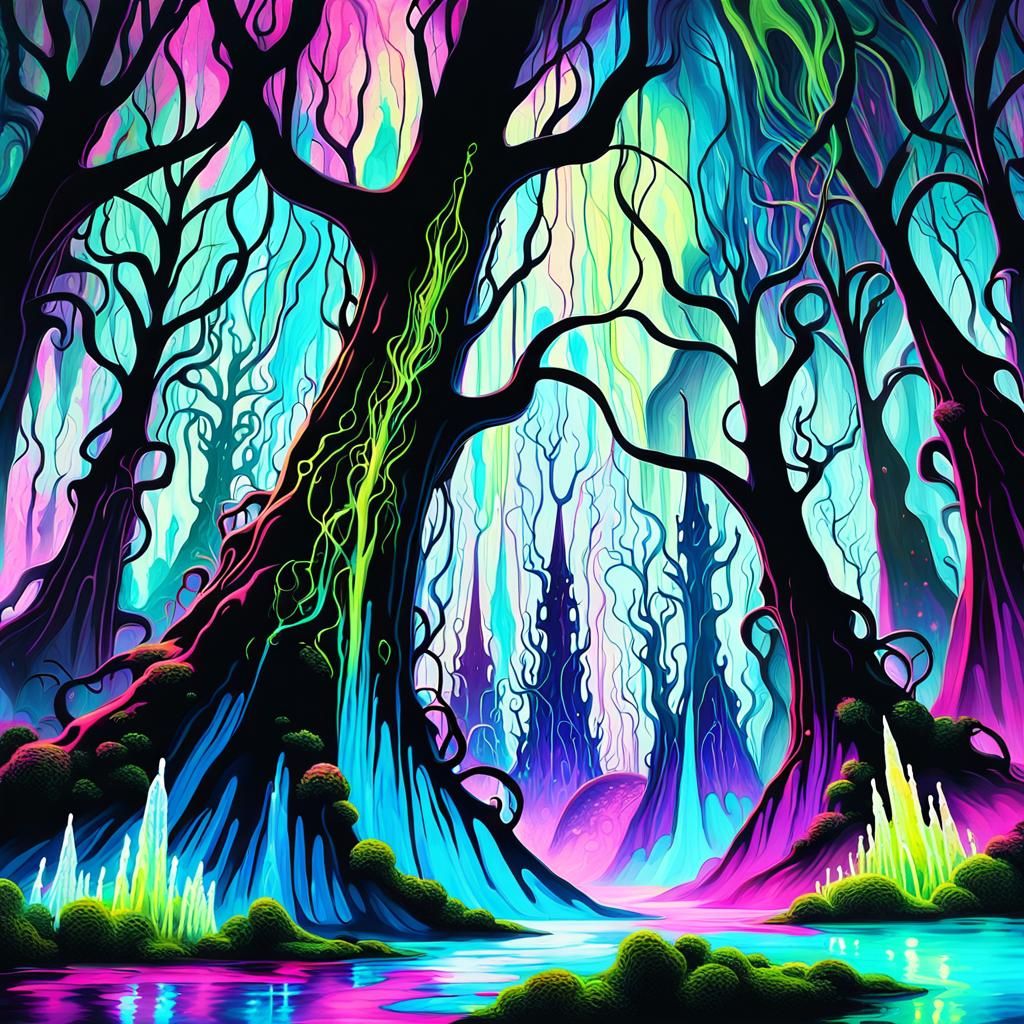 Bioluminescent Alien World in Surreal Street Art Style