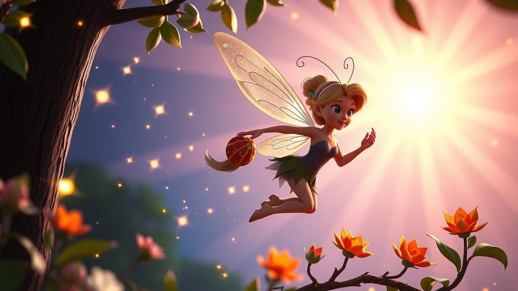 Whimsical Nighttime Scene with Fairies, Foxes, and Fireflies...