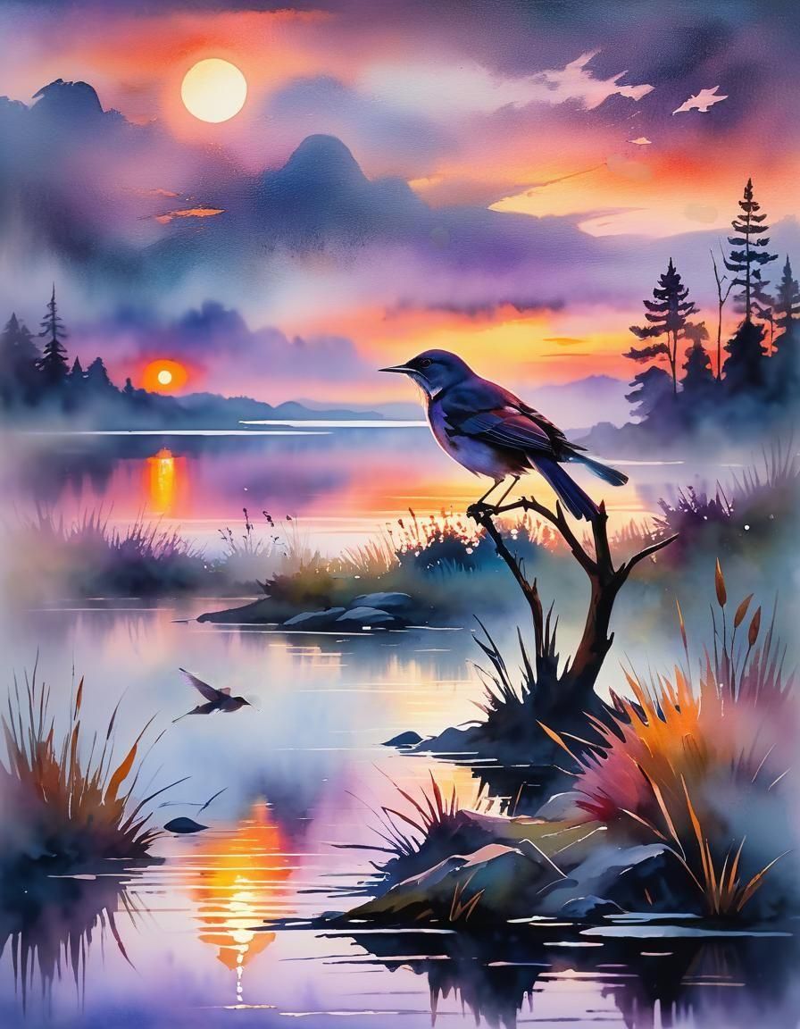 Nightingale's Sunset Serenade: A Fauvist Watercolor Fantasy