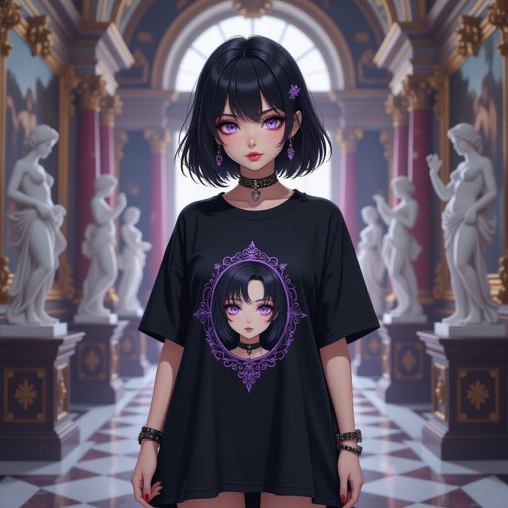 Gothic Anime Woman in Baroque Hall