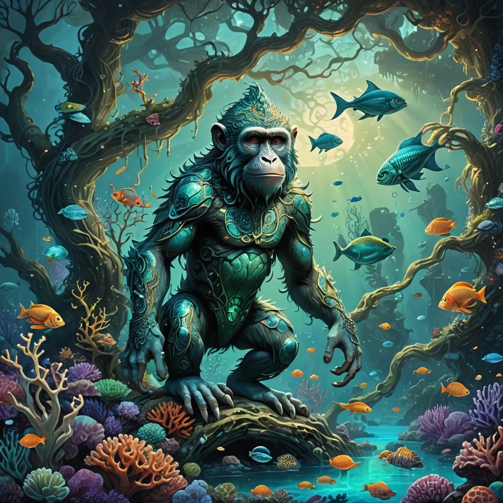 Fantasy Monkey-Fish Fusion in Underwater Ruins