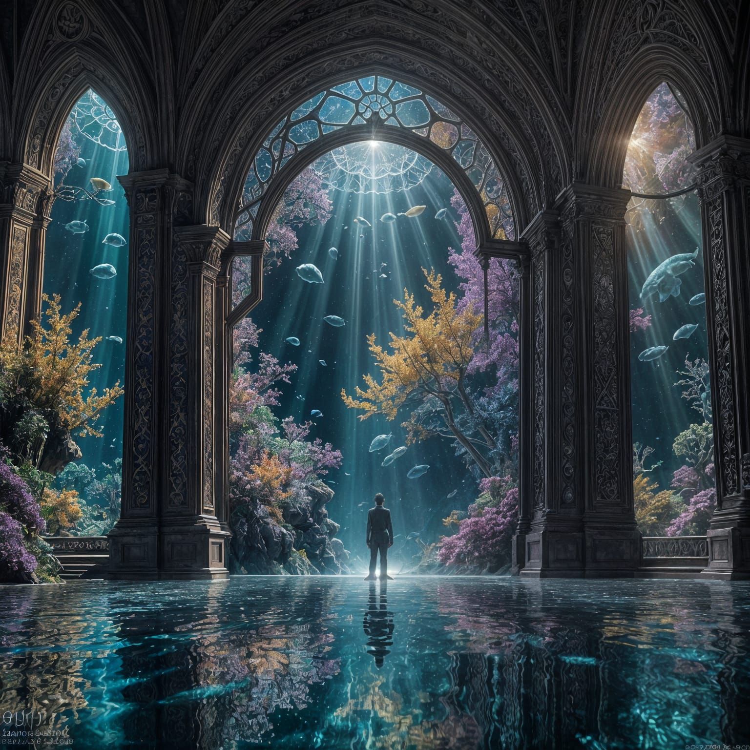 Cosmic Underwater Portal with Figure, Hyperrealistic Photogr...