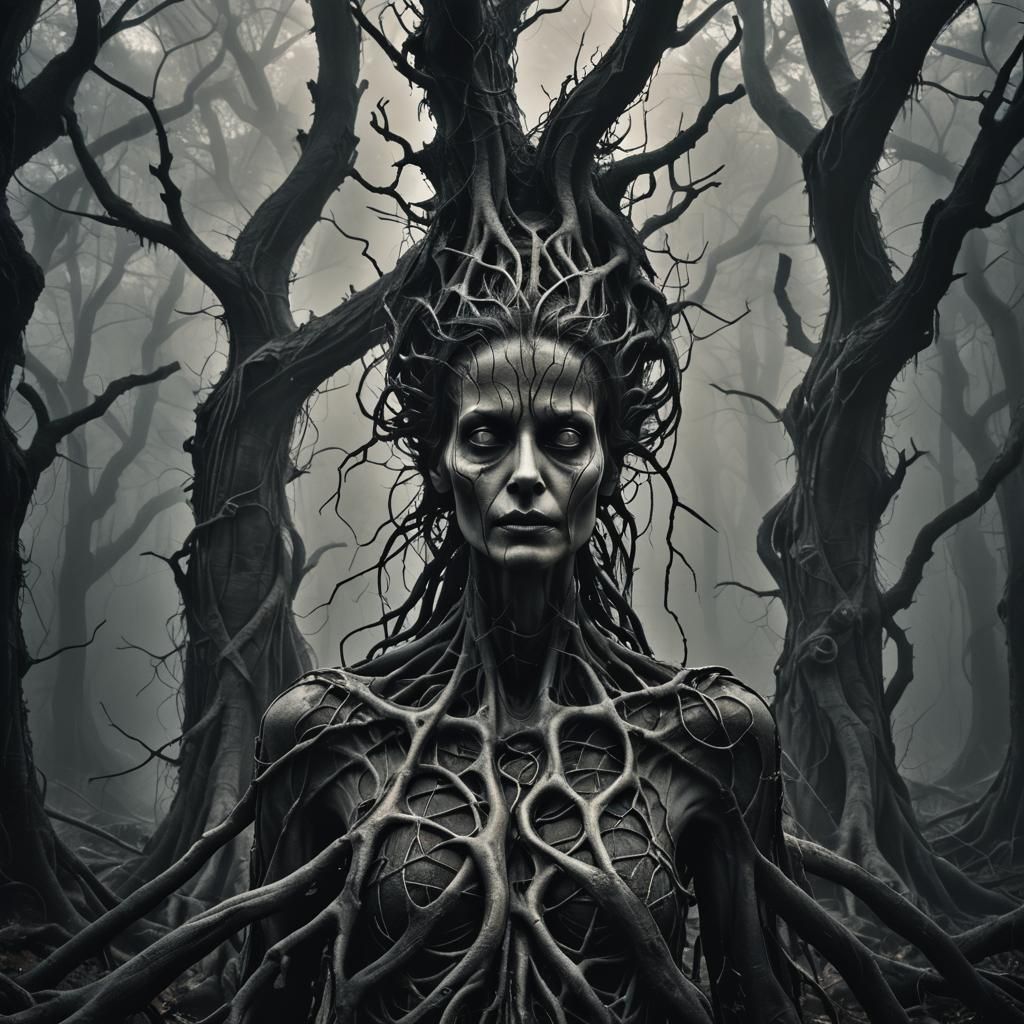 Surreal Dark Forest Woman with Skeletal Roots