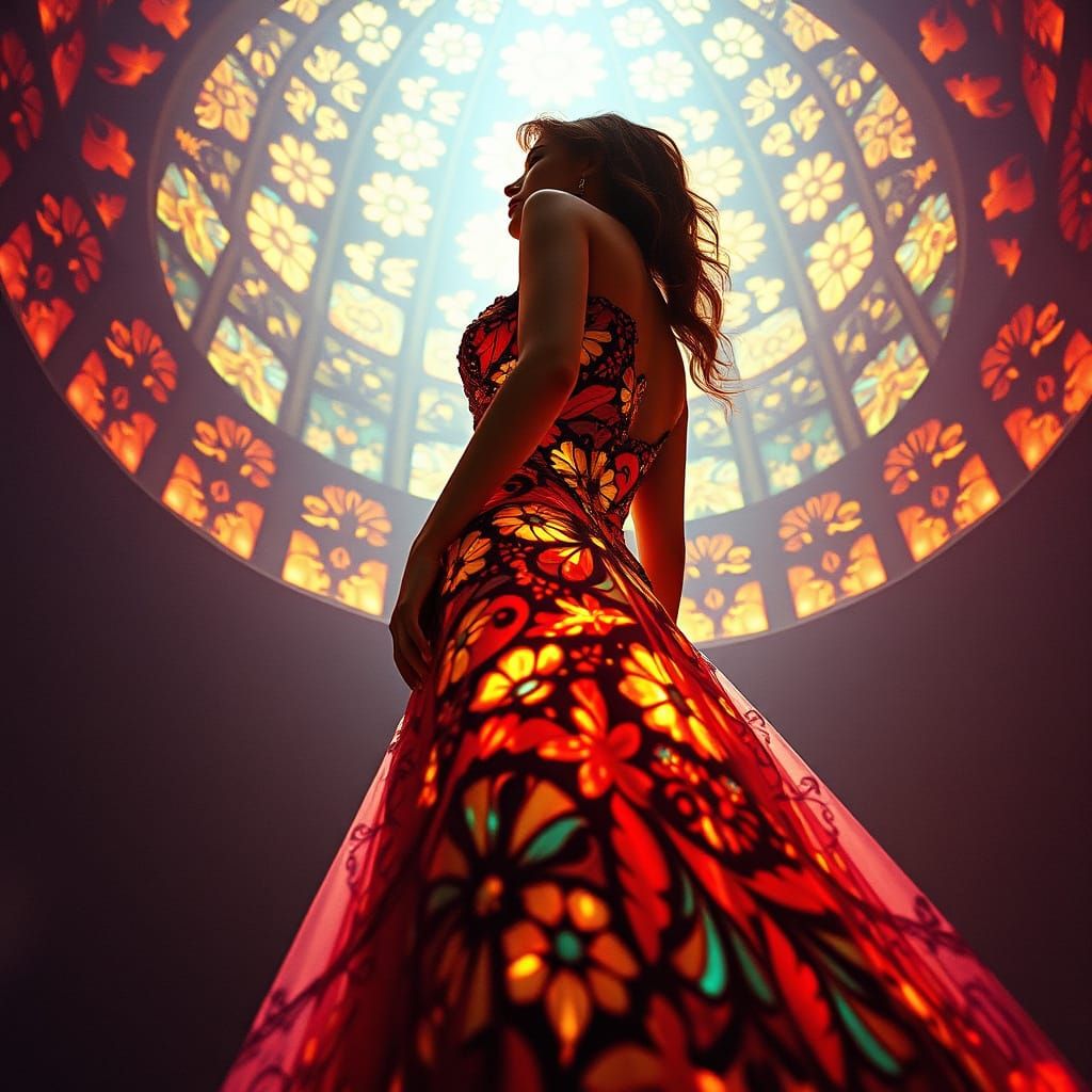 Ethereal Woman in Stained Glass Gown