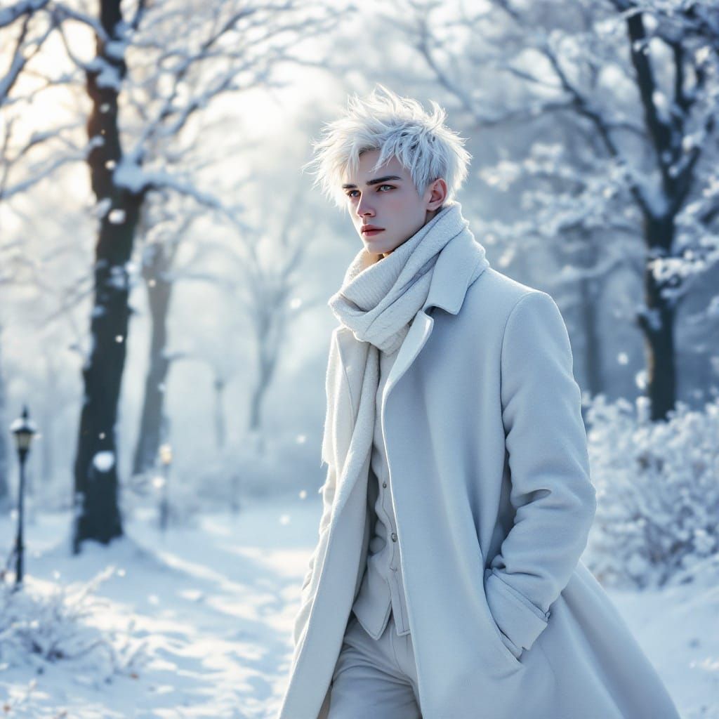 Ethereal Young Man Strolls Through Serene Winter Wonderland