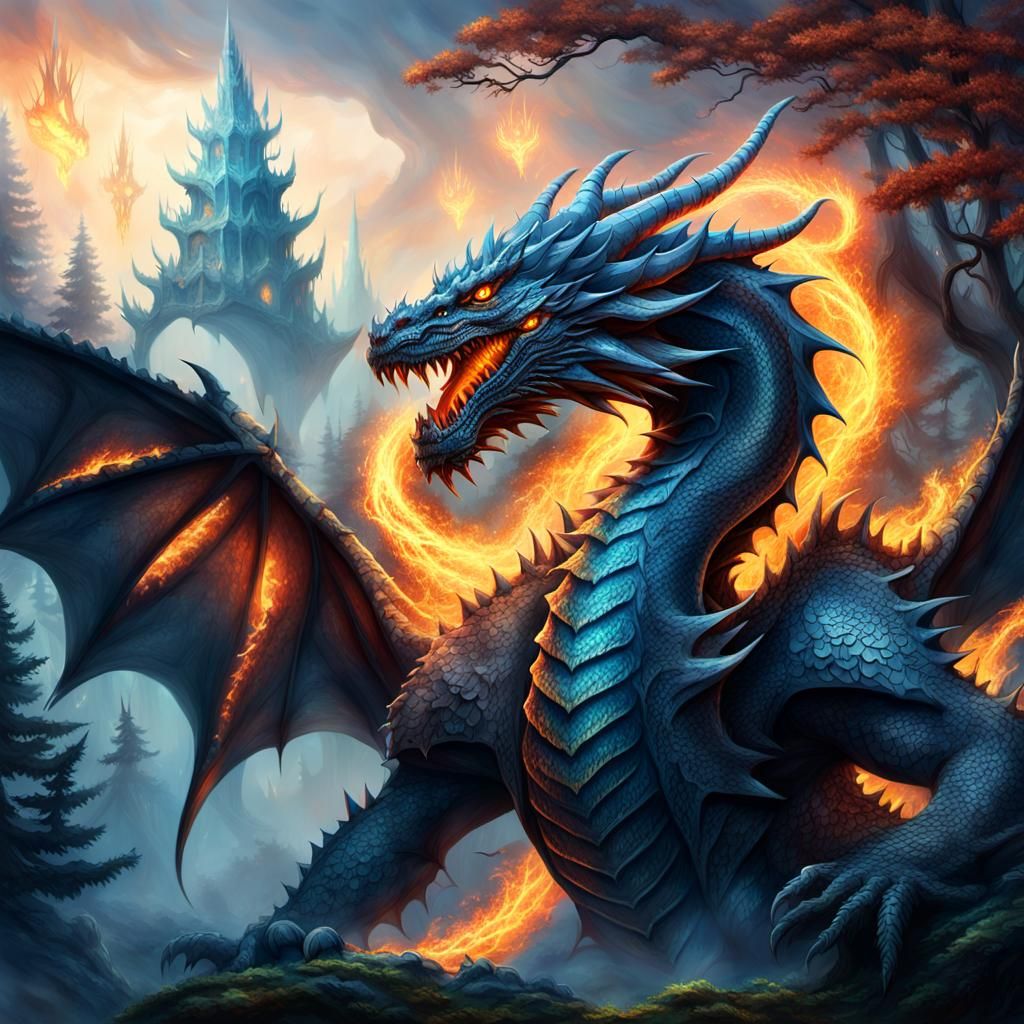 Scaled Dragon Breathing Fire in Mystical Forest