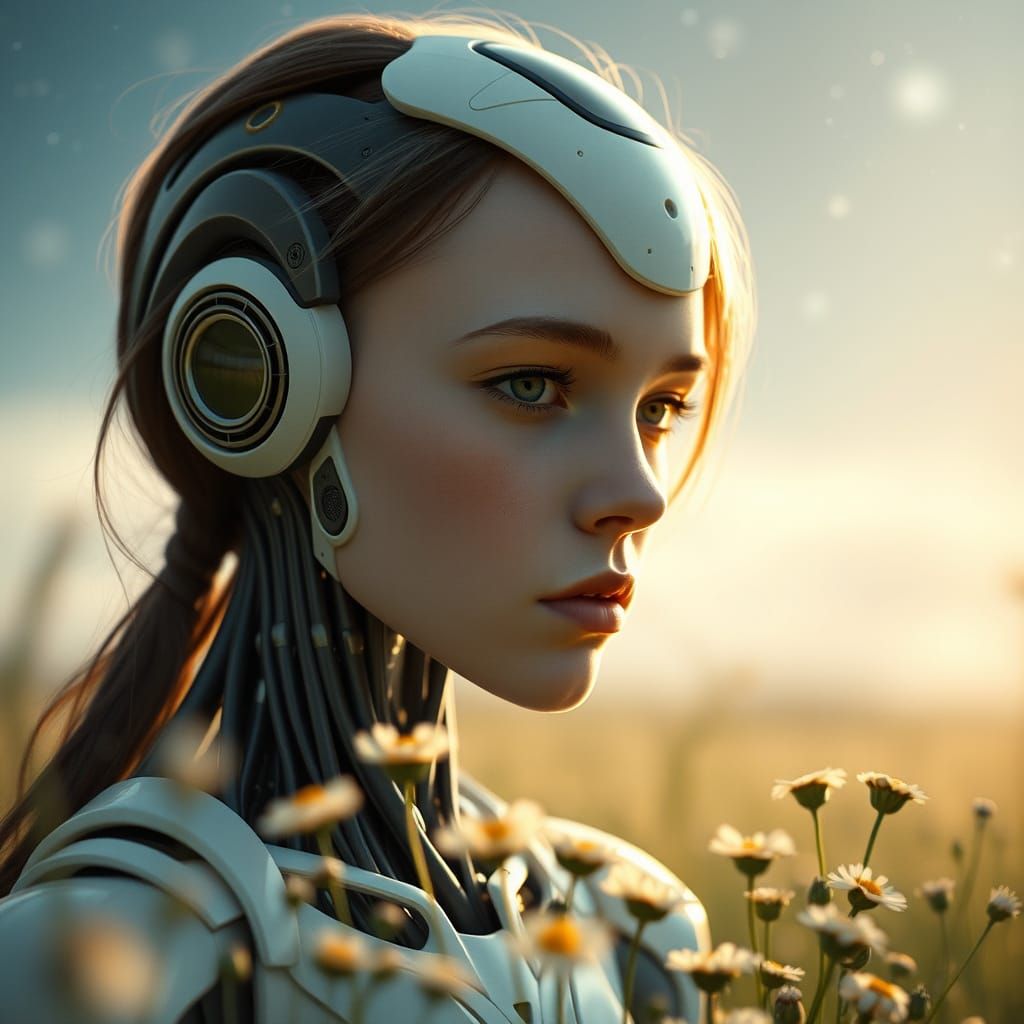 Ethereal Android Contemplates Wildflowers in Starry Night La...