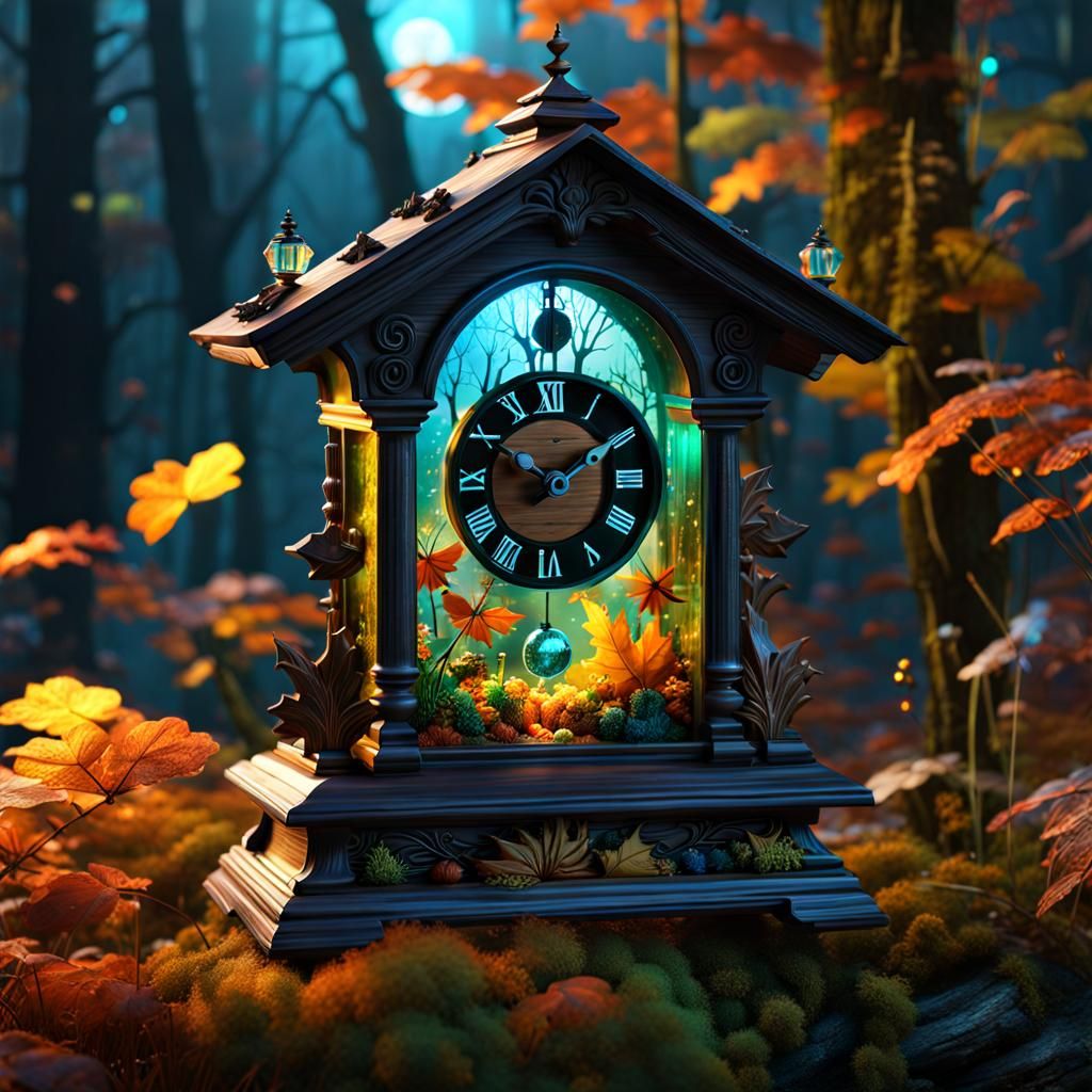 Cuckoo Clock with Bioluminescent Fairies, Detailed Matte Pai...