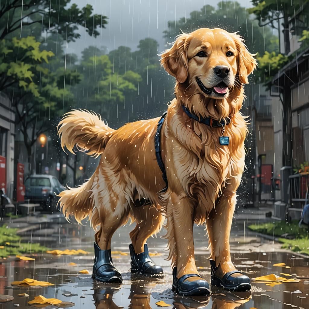 Golden Retriever in Rain Boots: Anime Style