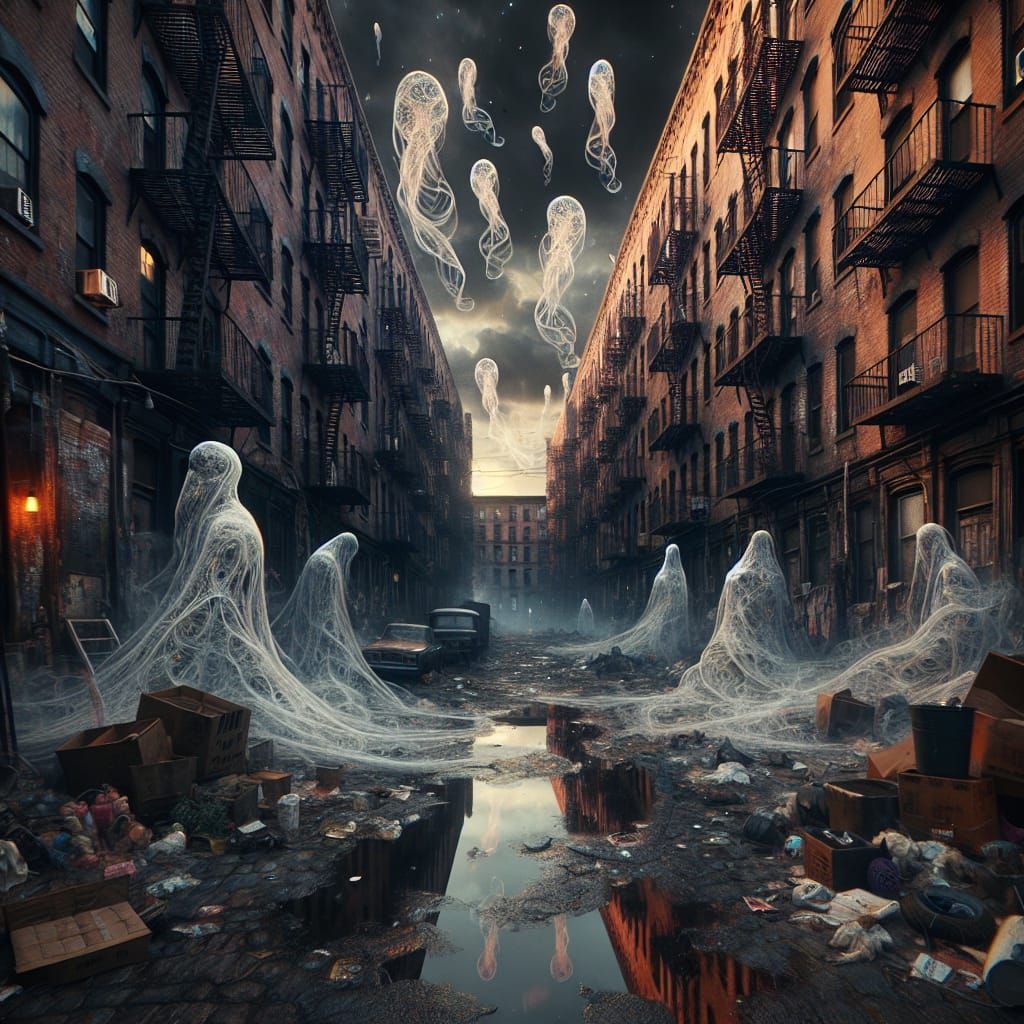 Ethereal Figures in Decrepit Urban Alleyway
