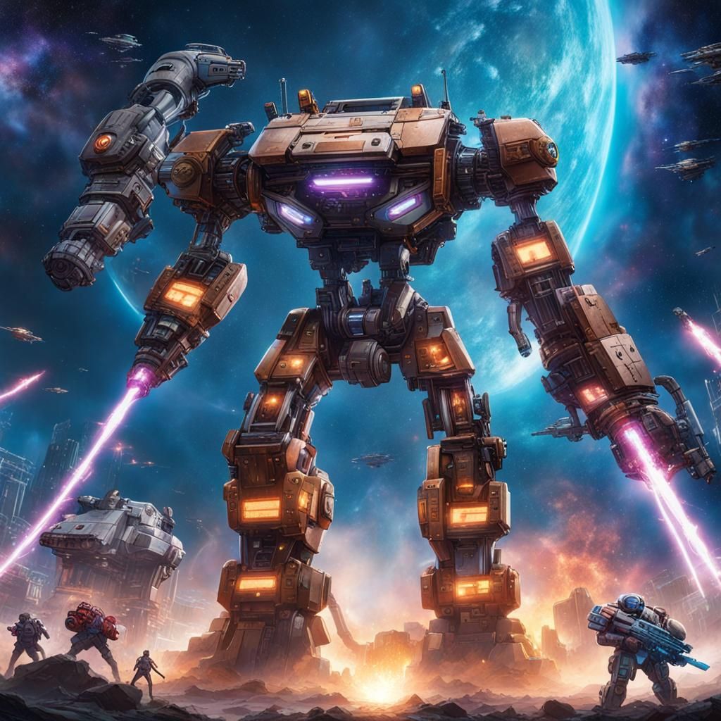 Futuristic Battle: Evil Mech in Bioluminescent Landscape