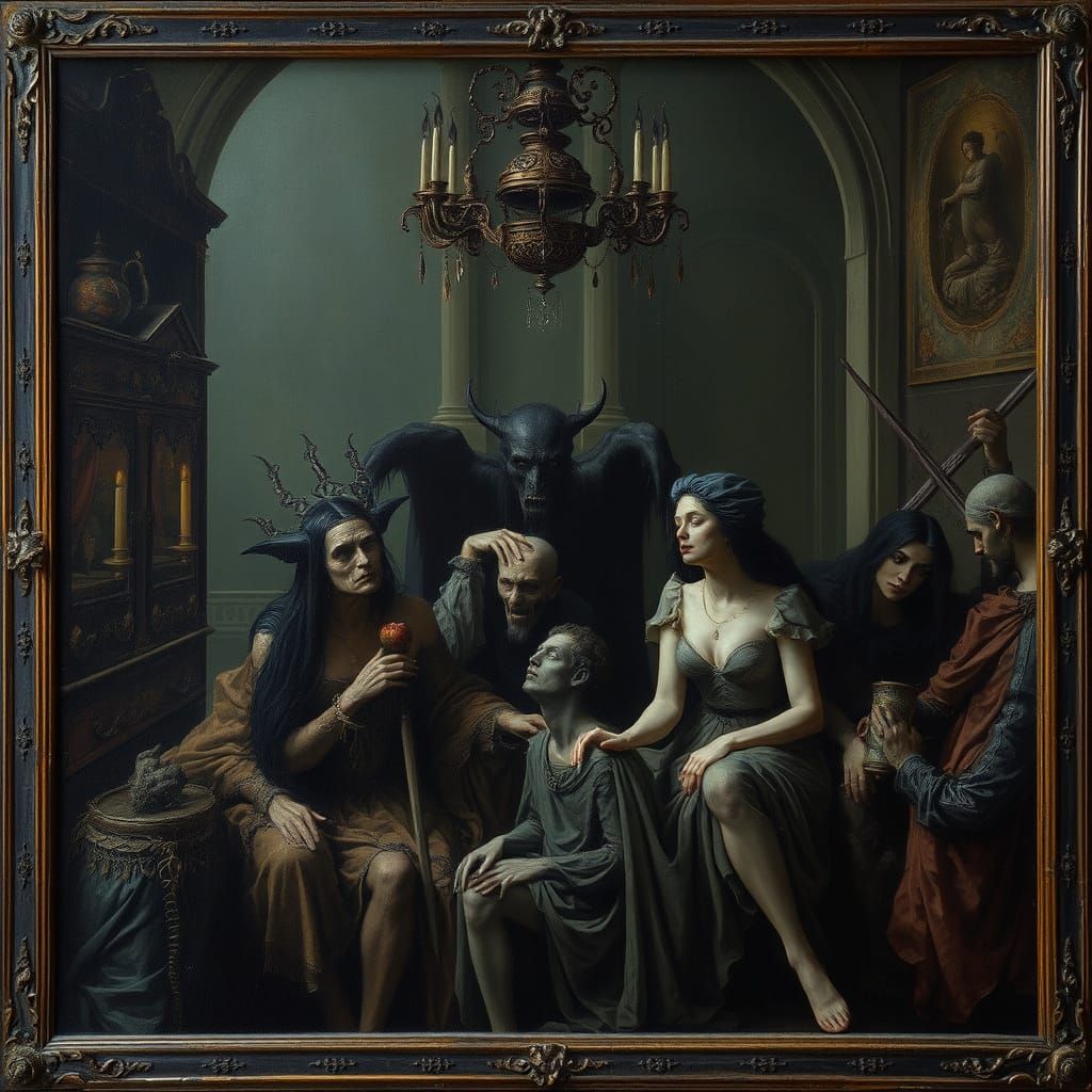 Dark Allegory Painting with Mysterious Symbolism