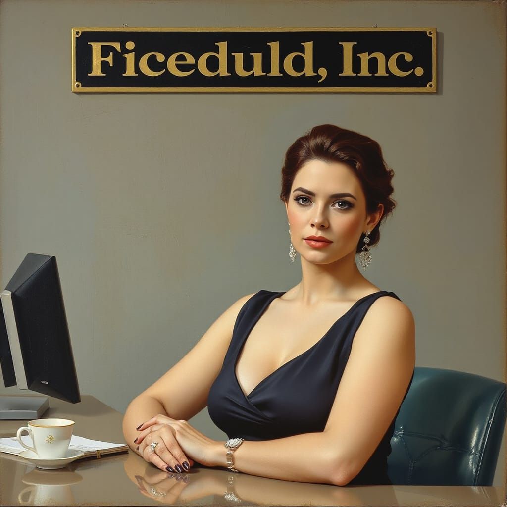 Elegant Secretary at Reception Desk as Oil Painting