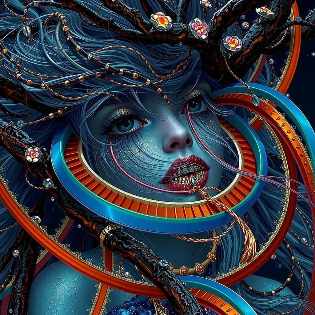 Elegant Beauty with Blue-Green Skin in Ethereal Forest