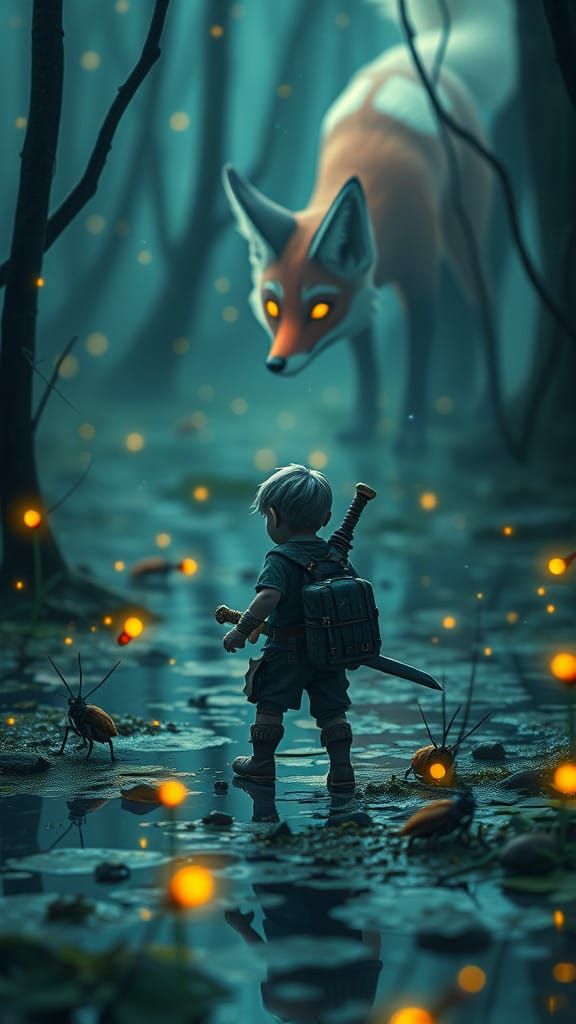 Whimsical Swamp Encounter in Pixel Art Style