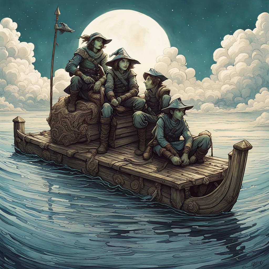 Goblin on Raft in Retro D&D Style