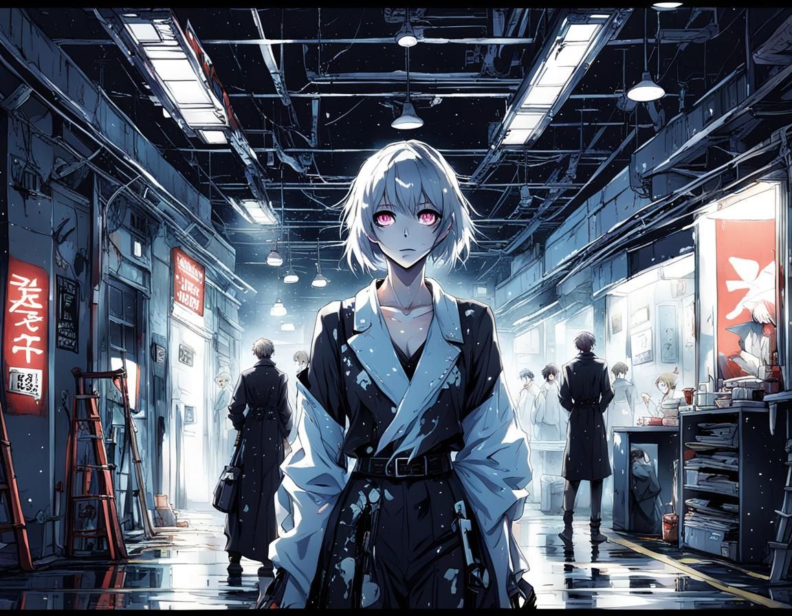 Sad Anime Woman with Blue Eyes in Space