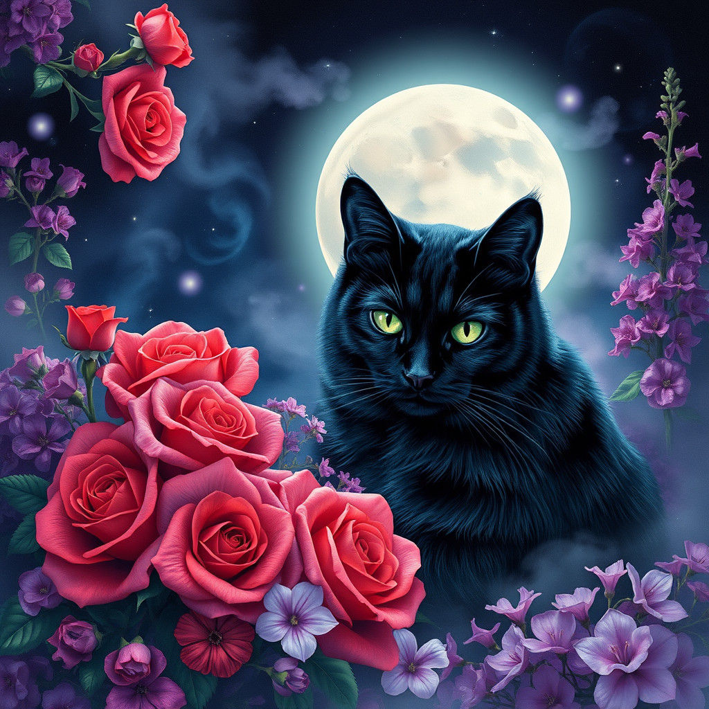 Mystical Black Cat Among Roses in Cosmic Style