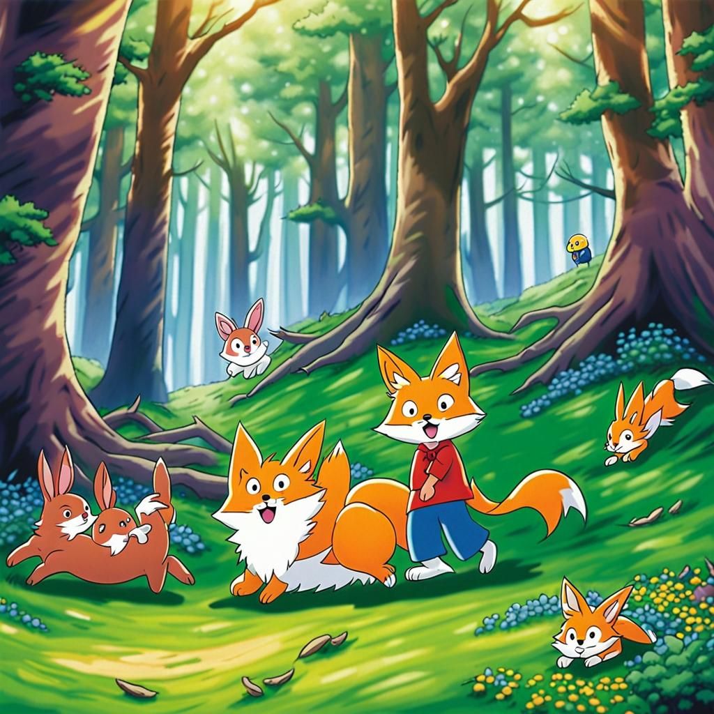 Fox and Rabbit Play in Anime Style Forest