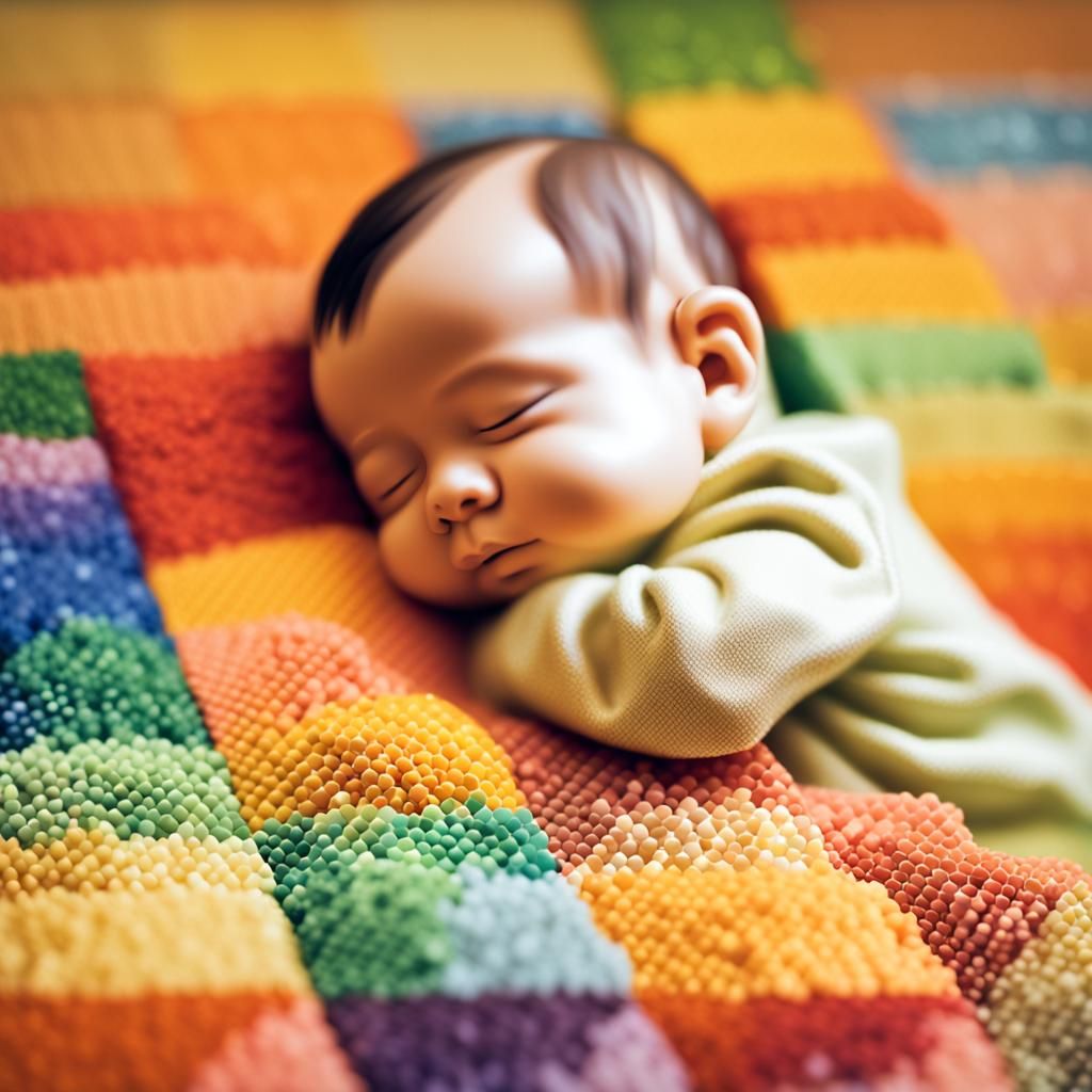 Pointillist Baby in Crib with Origami Paper Aesthetic