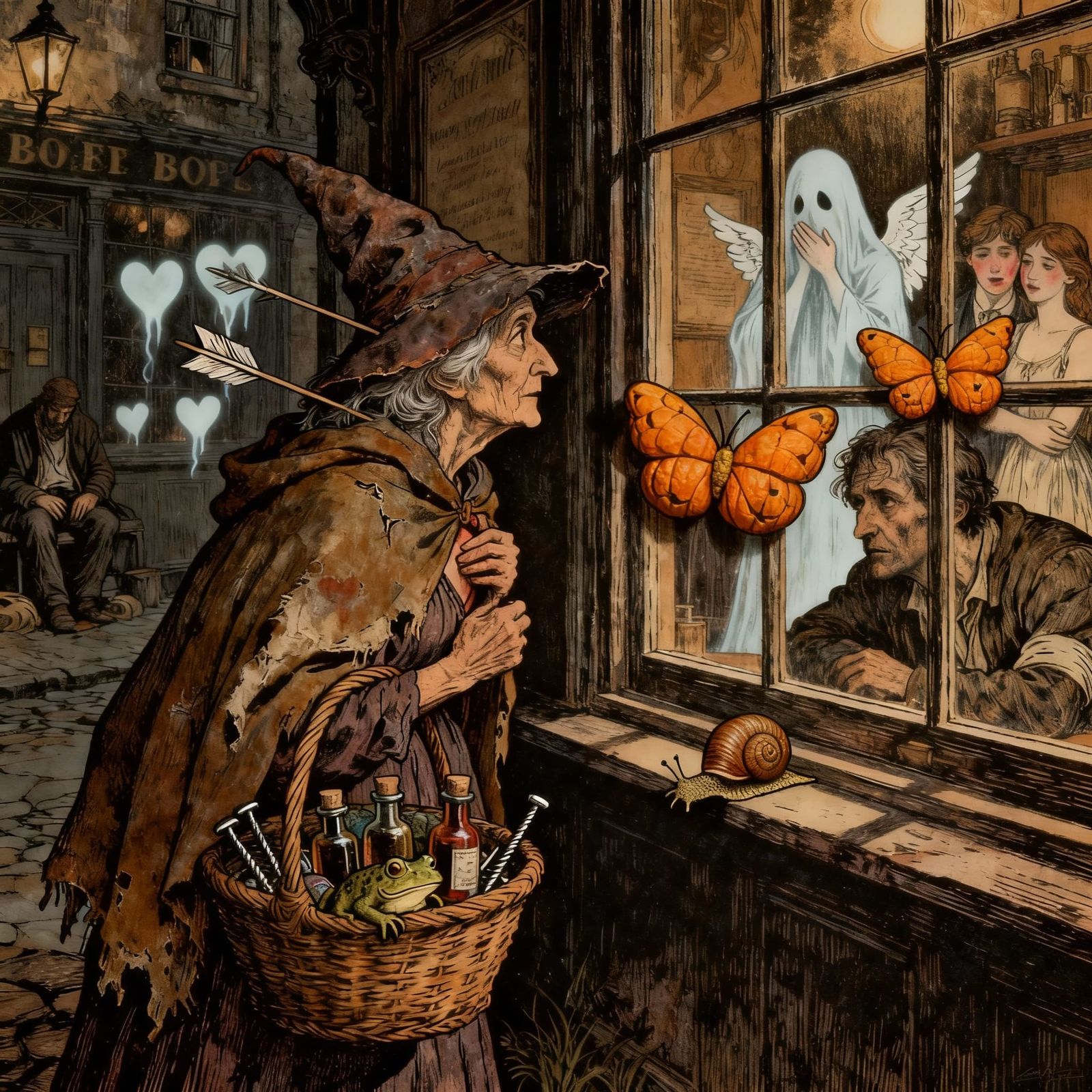 Whimsical Fantasy: Witch's Longing at a Pub Window
