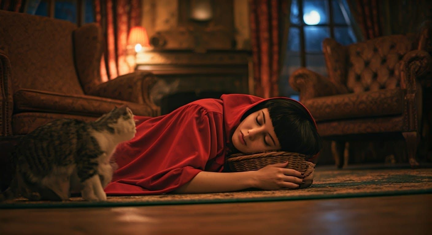Red Riding Hood's Ethereal Awakening in Cozy Cottage