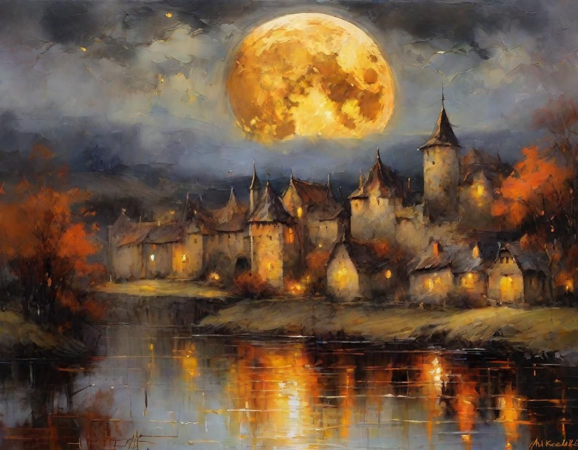 Moonlit Village: A Halloween Fantasy Painting