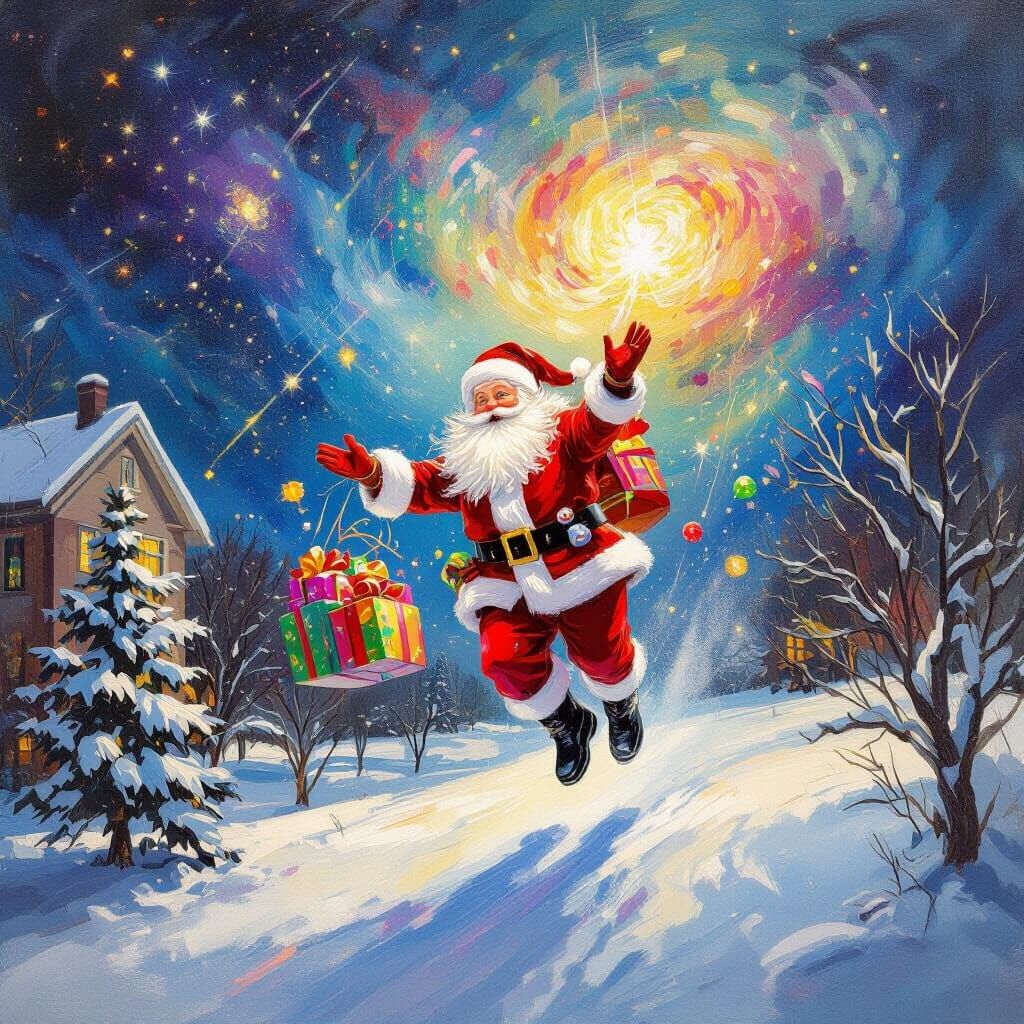 Futuristic Santa Distributes Gifts in Snowy Park