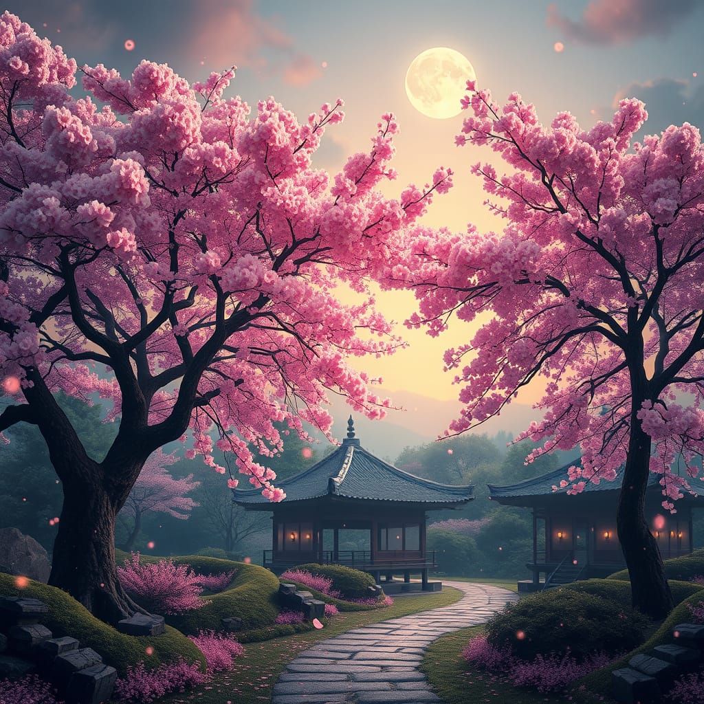 Serene Cherry Blossom Garden at Dusk in Realistic Style
