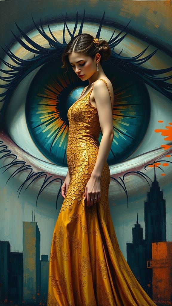 Woman in Golden Mosaic Gown before Large Eye in Impressionis...