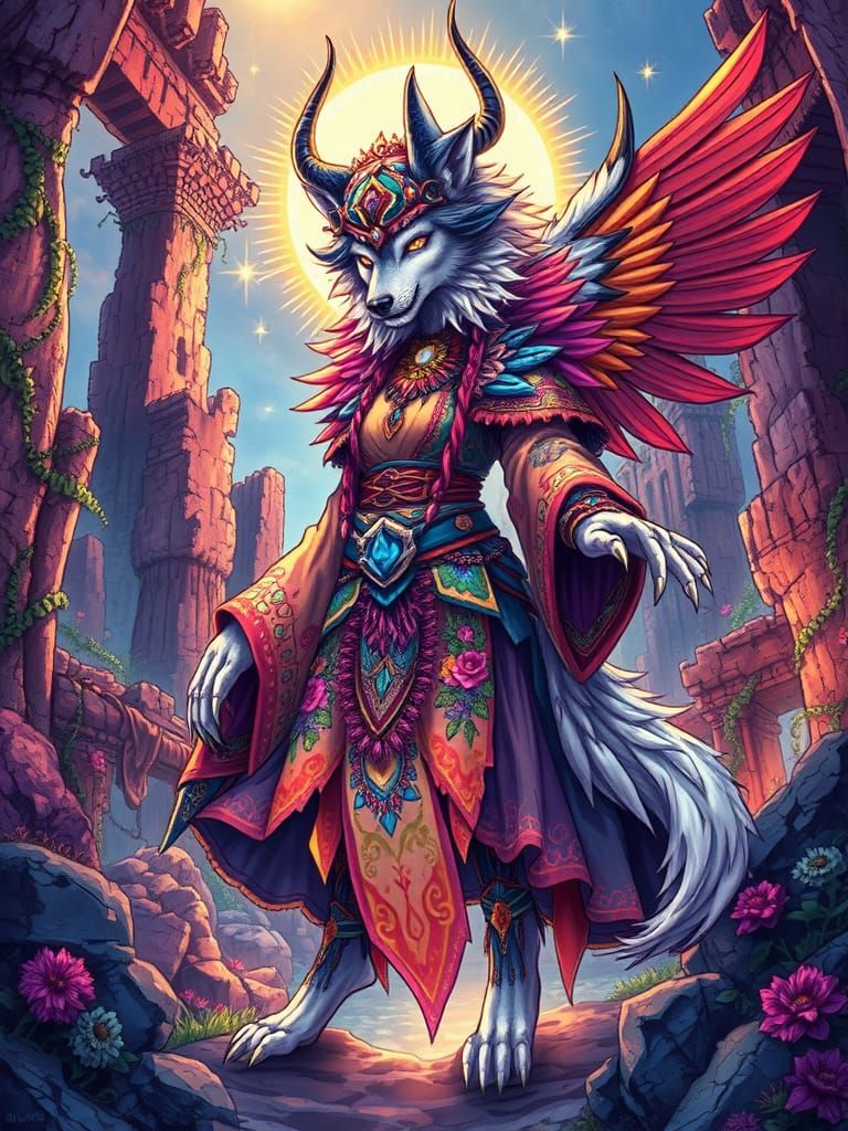 Enchanting Fantasy Shamaness in Vibrant, Dreamlike Landscape