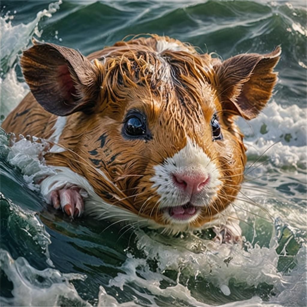 Guinea Pig Surfing: Hyperrealistic Ocean Scene