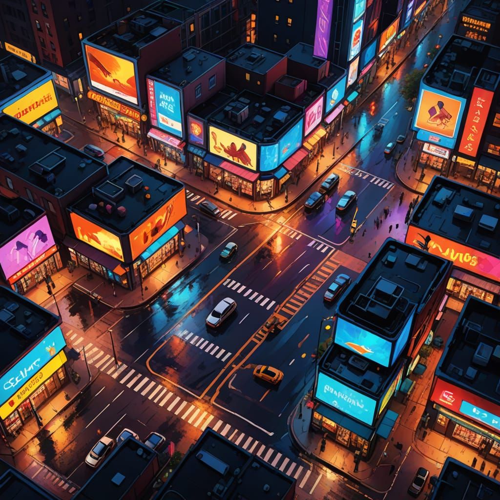 Aerial View of Vibrant City Street in Digital Art Style