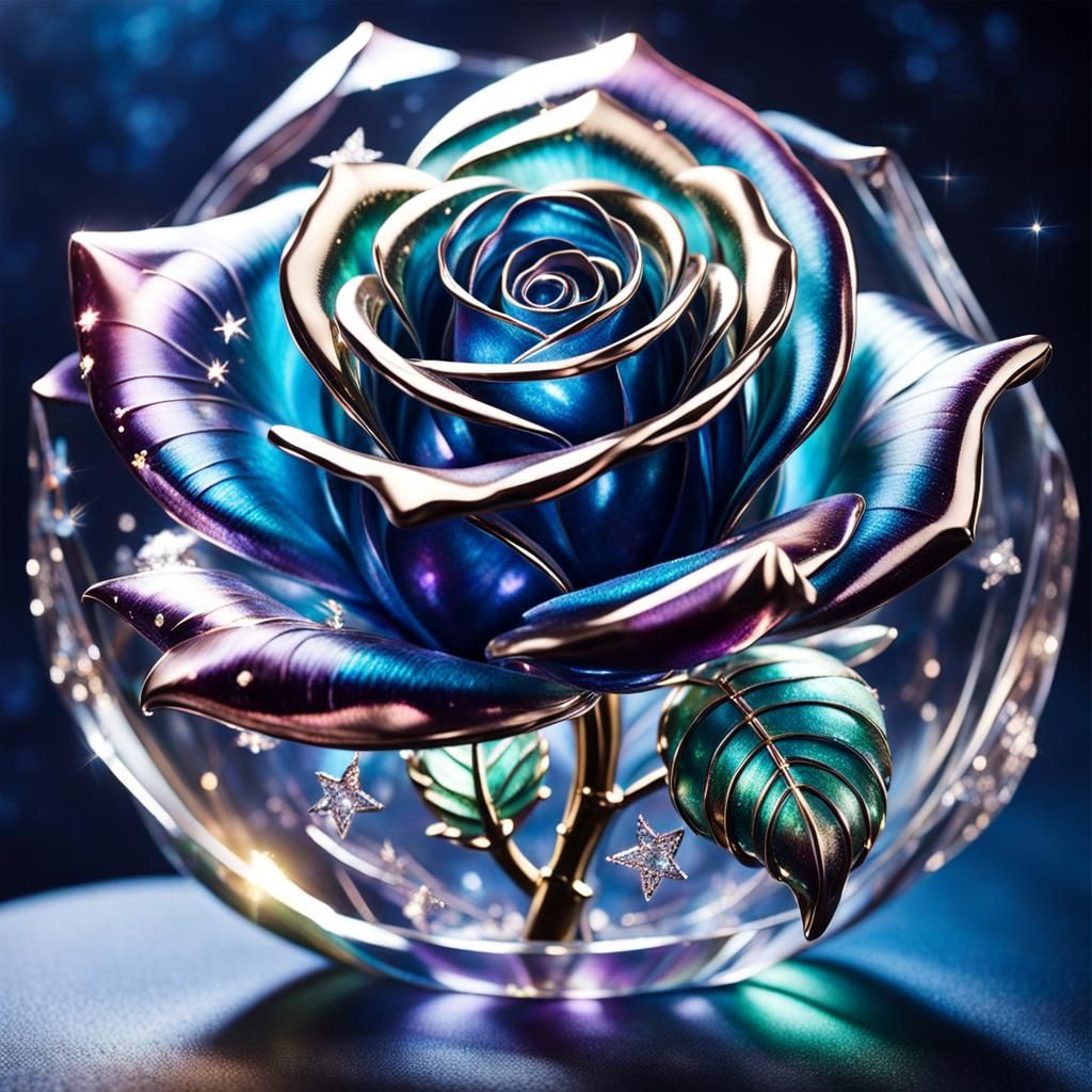 Iridescent Glass Rose Shimmers Like Starlit Night