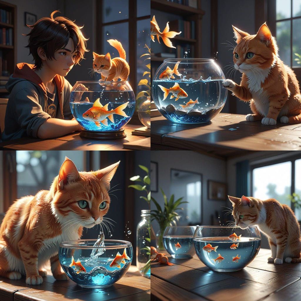 Sneaky Cat Tries to Catch Goldfish in Bowl