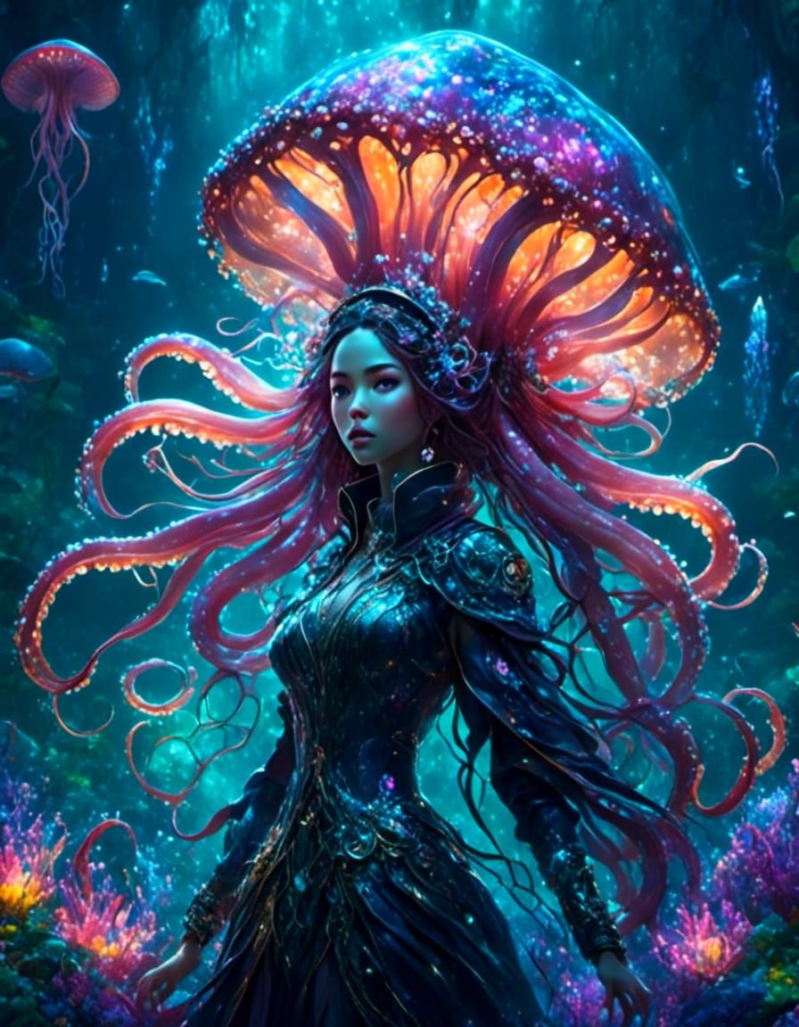 Vibrant Bioluminescent Squid Person in Fantasy Art