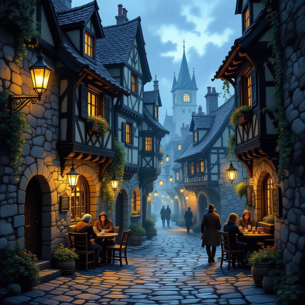 Airbrushed Fantasy Alleyways with Taverns and Lanterns