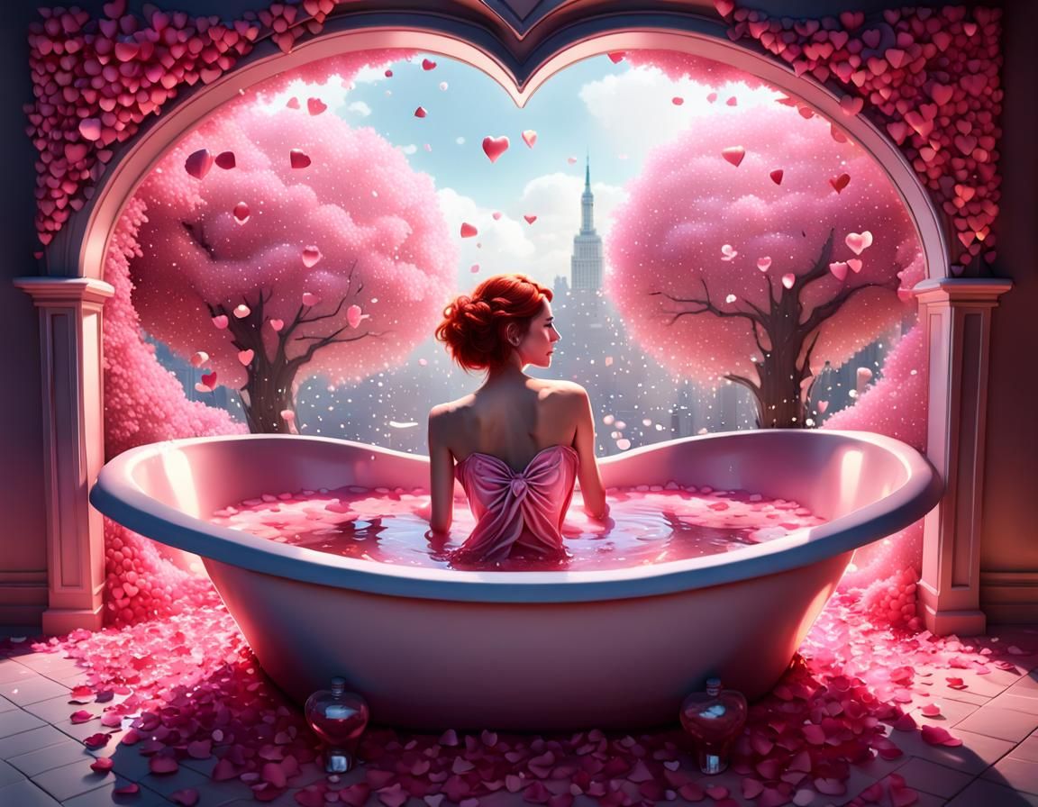 (Heart shaped bathtub pink), (young redhead  woman in bubble...