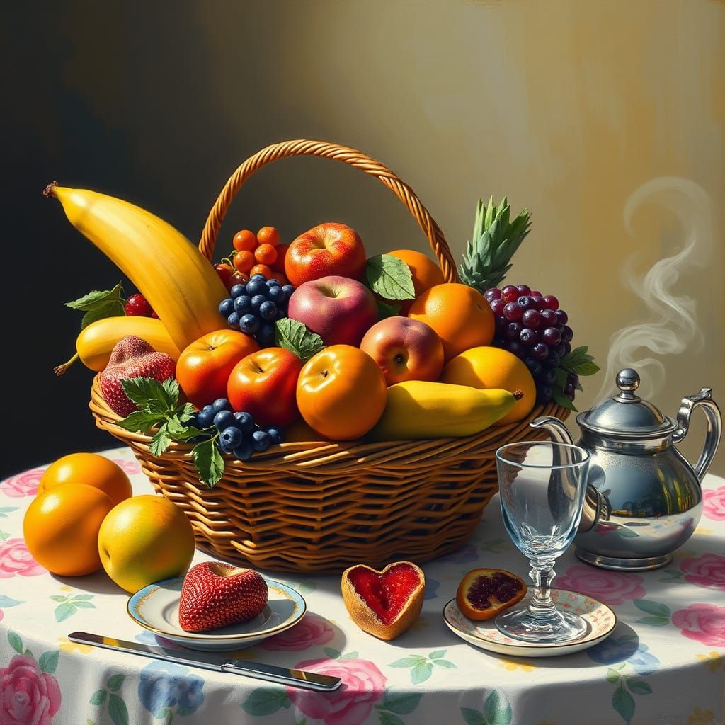 Fruit Basket Still Life in Post-Impressionist Style