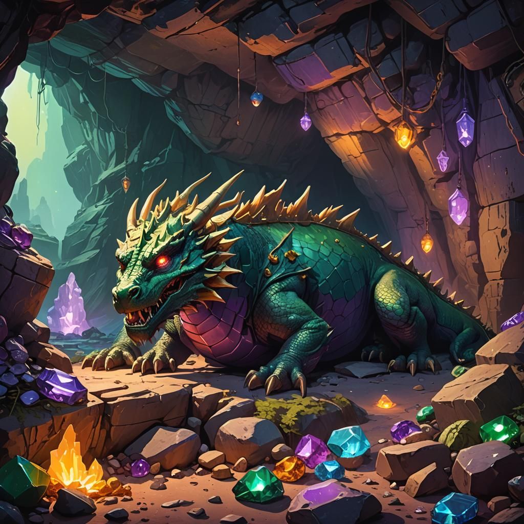 Sleeping Dragon in Gemstone Cave: Fantasy Concept Art